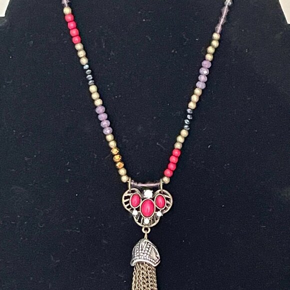 Mala Inspired Beaded Necklace Metal Tassel - Picture 3 of 6